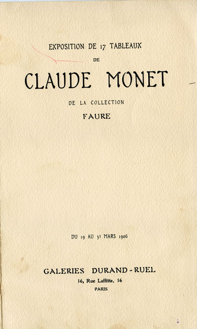 Каталог"Выставки 17 картин Клода Монэ. De la collection FAURE Выставленных в галерее Дюран-Рюэля (Париж) 