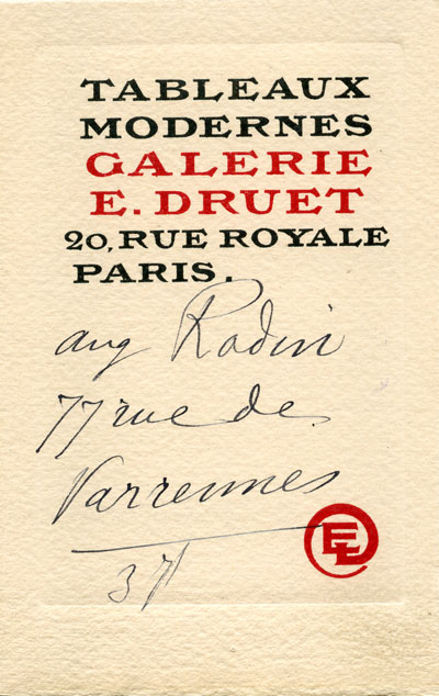 Визитная карточка" Galerie DRUET с адресом А.Родена