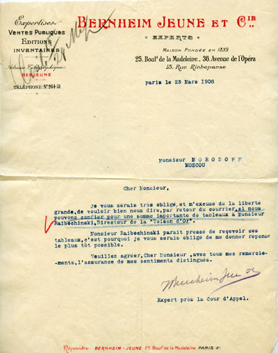 Бернхейм (BERNHEIM Jeune) Морозову И.А. Письмо. Париж 23 марта 1908 г.