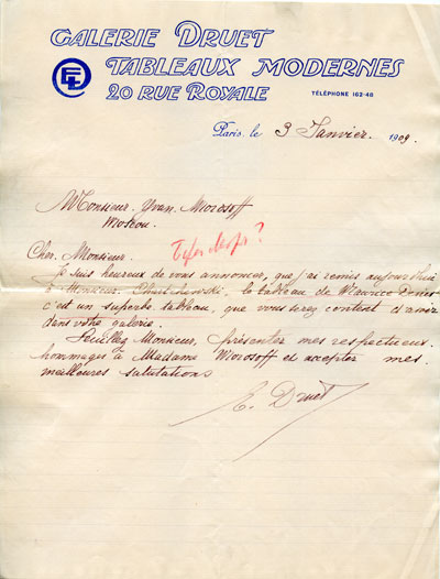 Дрюэ Е.. (DRUET E.) Морозову И.А. Письмо. Париж 3 января 1909 г.